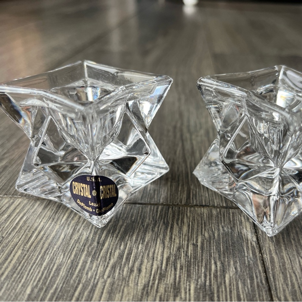 Deplomb US made pair of lead crystal candle holders